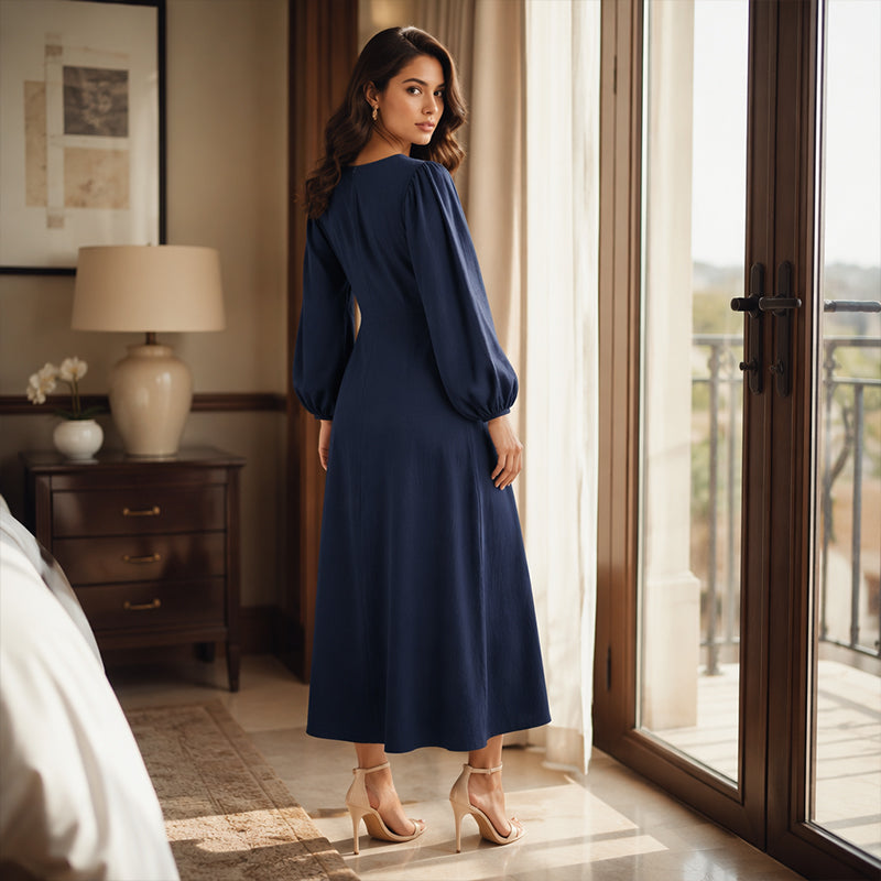 Lässiges Maxikleid mit V-Ausschnitt und Puffärmeln für Damen