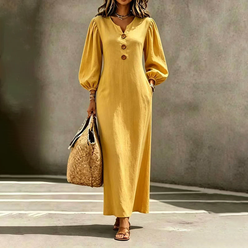 Lässiges Maxikleid mit V-Ausschnitt und Puffärmeln für Damen