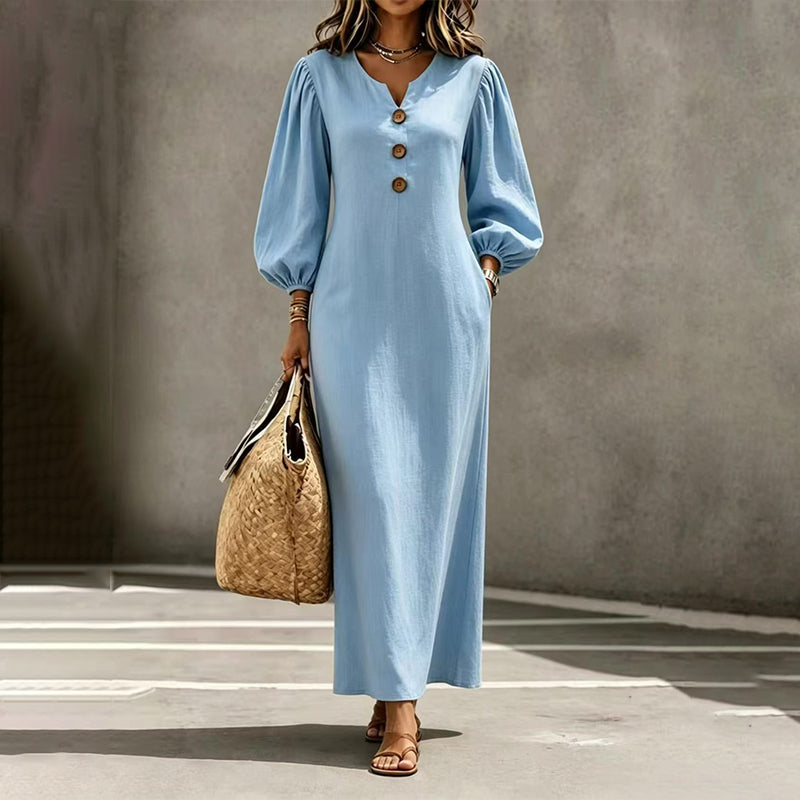 Lässiges Maxikleid mit V-Ausschnitt und Puffärmeln für Damen