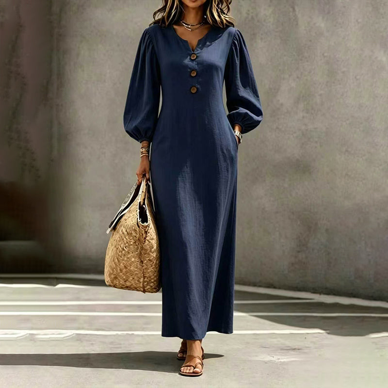 Lässiges Maxikleid mit V-Ausschnitt und Puffärmeln für Damen