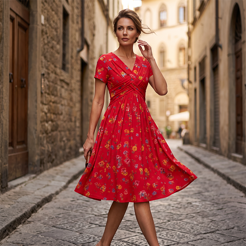 📢📢50%Rabatt!!!🌺👗Damenkleid mit V-Ausschnitt, Blumenmuster und gedrehter Taille