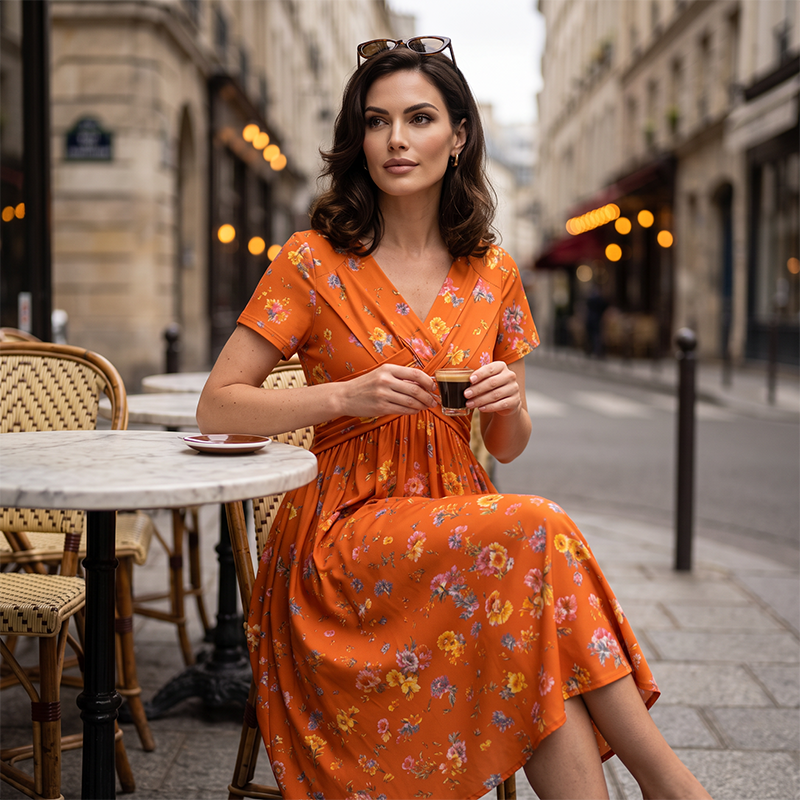 📢📢50%Rabatt!!!🌺👗Damenkleid mit V-Ausschnitt, Blumenmuster und gedrehter Taille