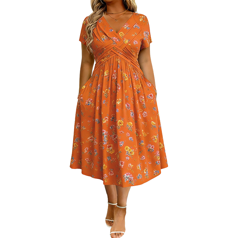 📢📢50%Rabatt!!!🌺👗Damenkleid mit V-Ausschnitt, Blumenmuster und gedrehter Taille