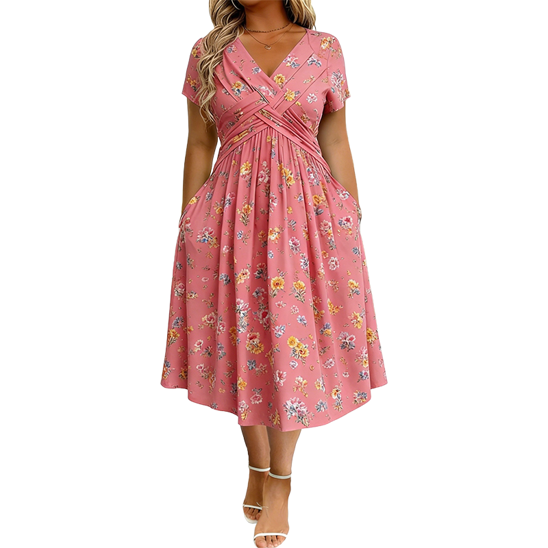 📢📢50%Rabatt!!!🌺👗Damenkleid mit V-Ausschnitt, Blumenmuster und gedrehter Taille