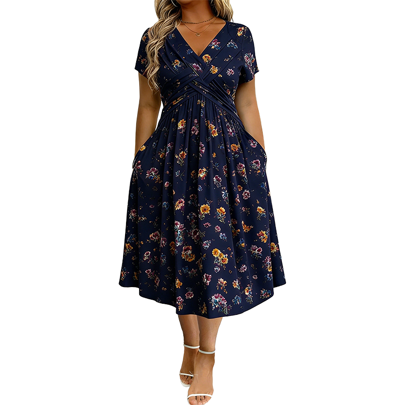 📢📢50%Rabatt!!!🌺👗Damenkleid mit V-Ausschnitt, Blumenmuster und gedrehter Taille