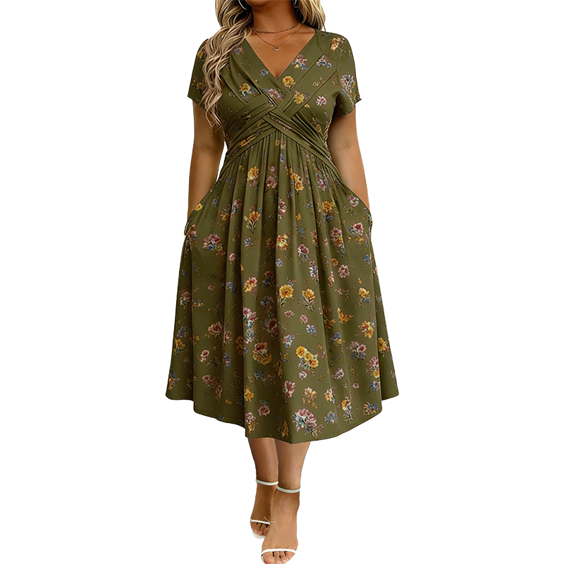📢📢50%Rabatt!!!🌺👗Damenkleid mit V-Ausschnitt, Blumenmuster und gedrehter Taille