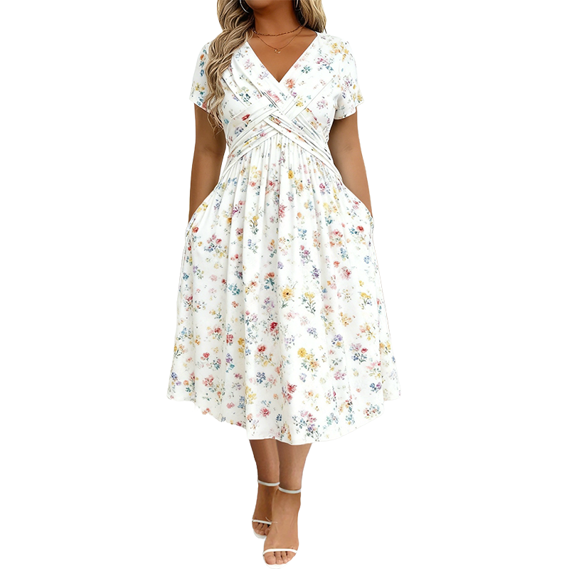 📢📢50%Rabatt!!!🌺👗Damenkleid mit V-Ausschnitt, Blumenmuster und gedrehter Taille