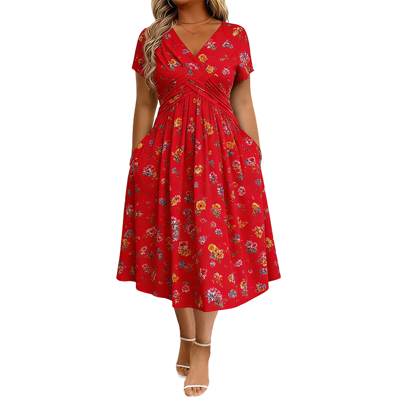 📢📢50%Rabatt!!!🌺👗Damenkleid mit V-Ausschnitt, Blumenmuster und gedrehter Taille