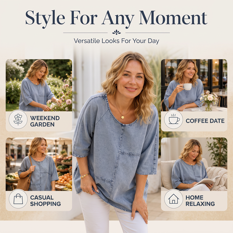 Damen Kurzarm-Denim-Print-T-Shirt