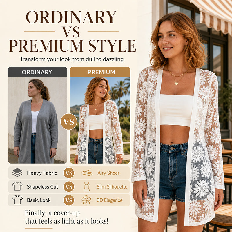 ⌛Zeitlich begrenztes Angebot – Langärmelige Damen-Strickjacke aus Mesh mit Sonnenblumen-Spitzenmuster