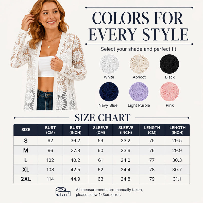 ⌛Zeitlich begrenztes Angebot – Langärmelige Damen-Strickjacke aus Mesh mit Sonnenblumen-Spitzenmuster