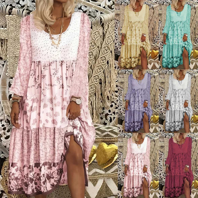 Lässiges Patchwork-Kleid mit langen Ärmeln für Damen