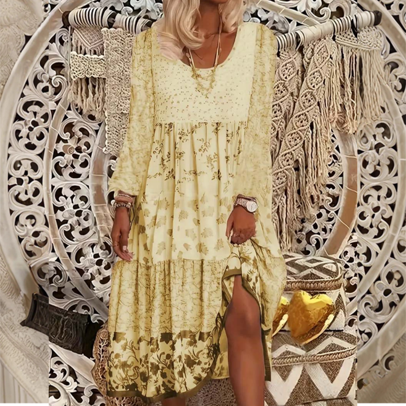 Lässiges Patchwork-Kleid mit langen Ärmeln für Damen