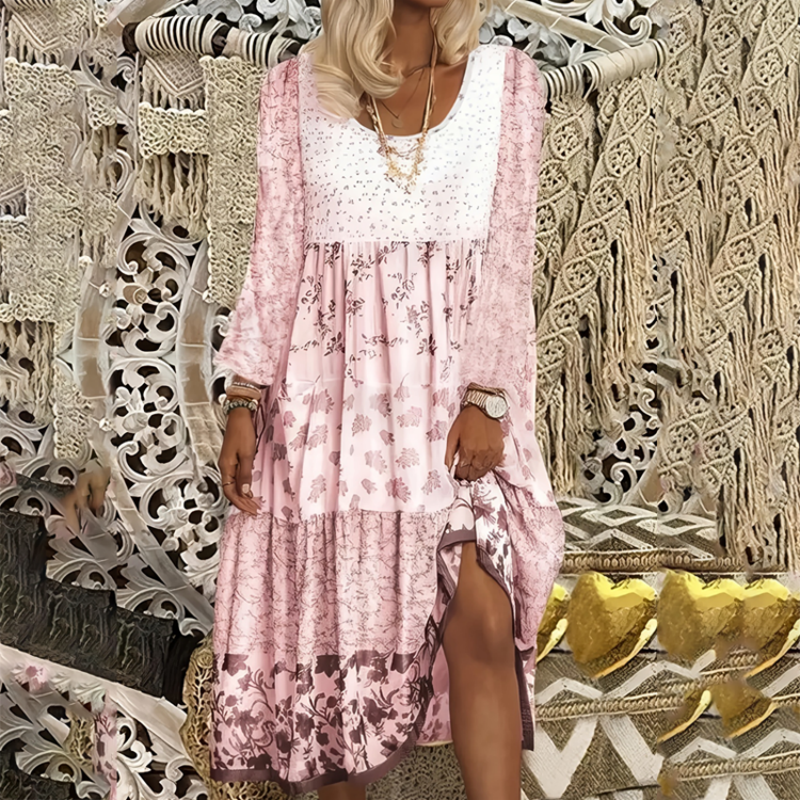 Lässiges Patchwork-Kleid mit langen Ärmeln für Damen