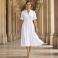 Midi-Kleid mit V-Ausschnitt, Knopfleiste und mehrlagigen Details für Damen