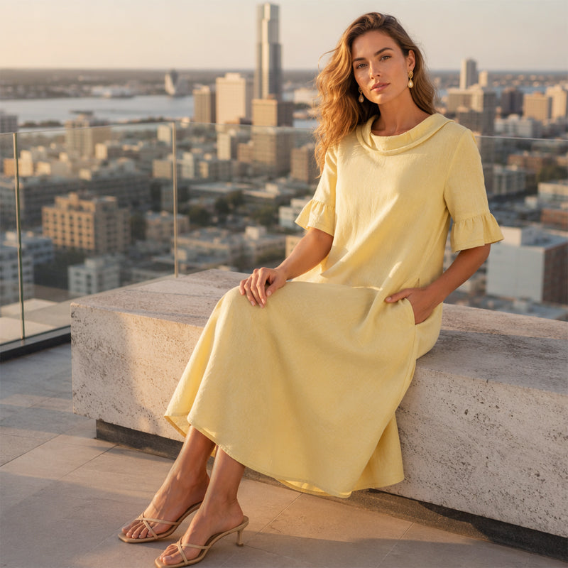 Damen lässiges Sommerkleid mit rundem Ausschnitt.