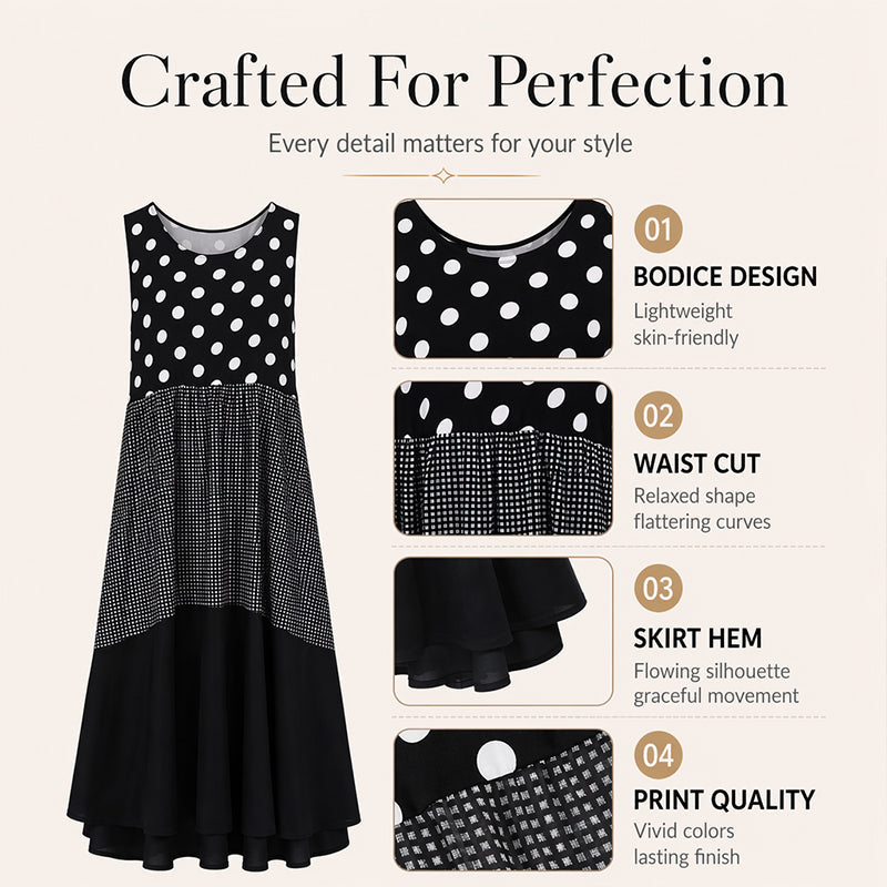 Bestseller🏆👗 Ärmelloses Patchwork-Kleid – Vielseitiges Polka-Dot- und Karomuster für jeden Anlass 🌸✨