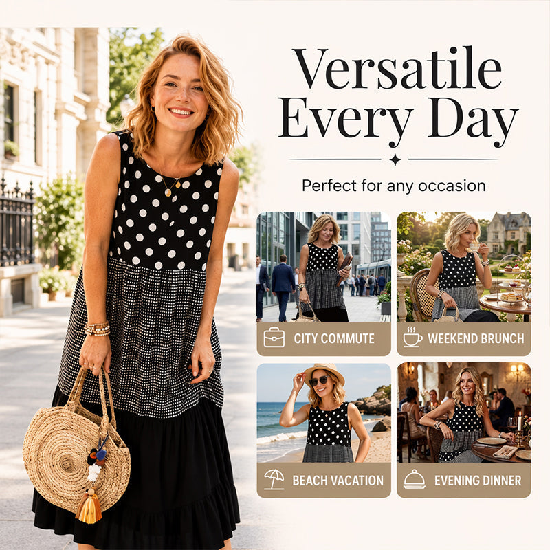 Bestseller🏆👗 Ärmelloses Patchwork-Kleid – Vielseitiges Polka-Dot- und Karomuster für jeden Anlass 🌸✨
