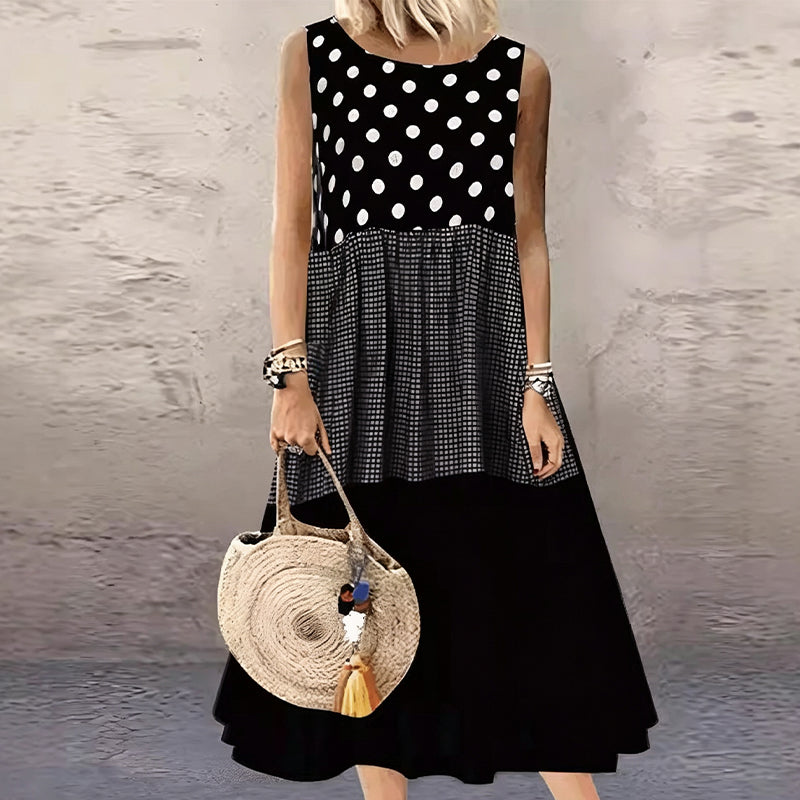 Bestseller🏆👗 Ärmelloses Patchwork-Kleid – Vielseitiges Polka-Dot- und Karomuster für jeden Anlass 🌸✨