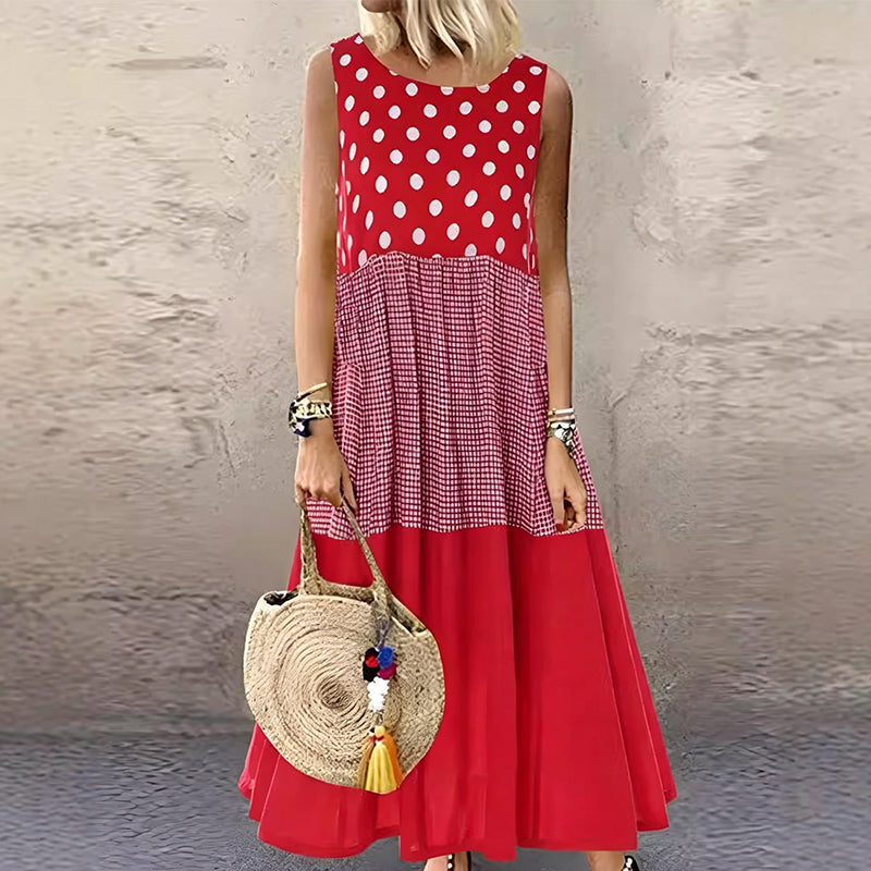 Bestseller🏆👗 Ärmelloses Patchwork-Kleid – Vielseitiges Polka-Dot- und Karomuster für jeden Anlass 🌸✨