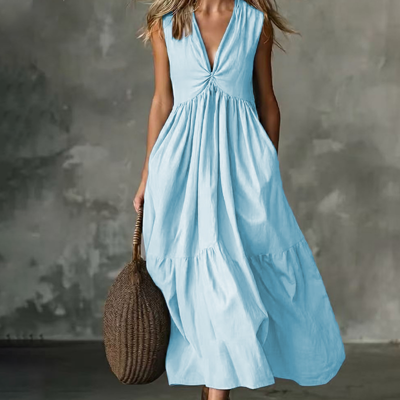 ✨🛍️Neu eingetroffen – Plisseekleid mit V-Ausschnitt und Seitentaschen – Leicht und luftig, ideal für Strandspaziergänge oder einen Brunch 🍃