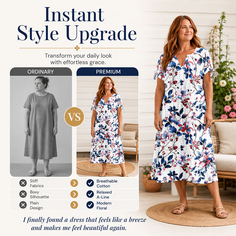 ☀️👗Top-Empfehlung – Lässiges Midi-Kleid mit Blumenmuster und V-Ausschnitt – Weicher Fall und romantisches Muster