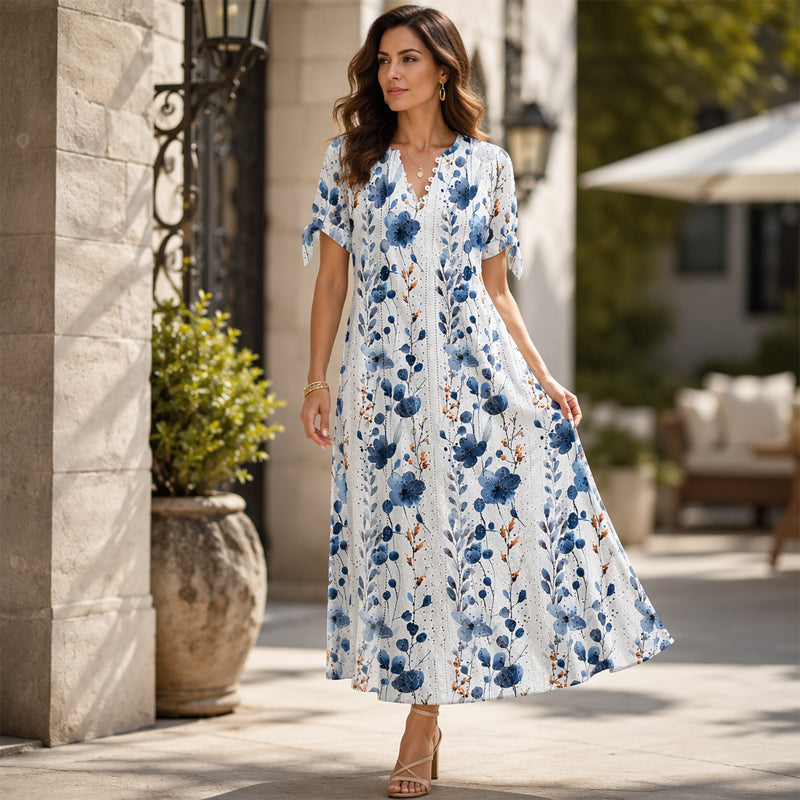 ☀️👗Top-Empfehlung – Lässiges Midi-Kleid mit Blumenmuster und V-Ausschnitt – Weicher Fall und romantisches Muster