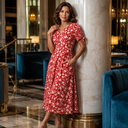 ☀️👗Top-Empfehlung – Lässiges Midi-Kleid mit Blumenmuster und V-Ausschnitt – Weicher Fall und romantisches Muster