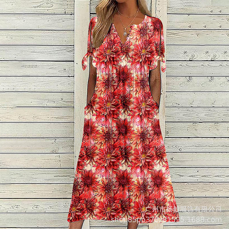 ☀️👗Top-Empfehlung – Lässiges Midi-Kleid mit Blumenmuster und V-Ausschnitt – Weicher Fall und romantisches Muster