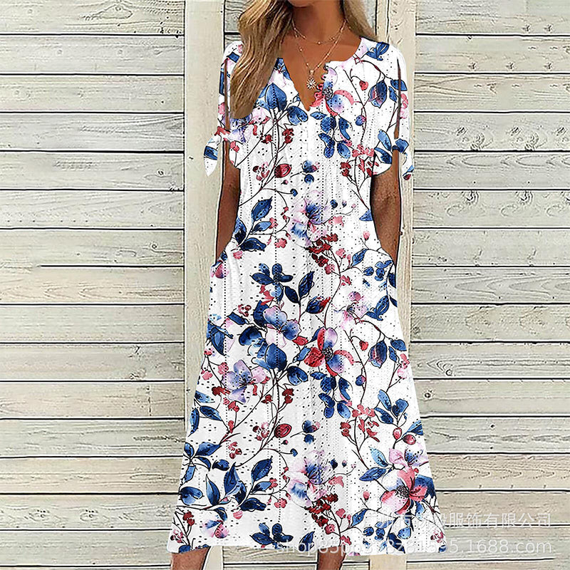 ☀️👗Top-Empfehlung – Lässiges Midi-Kleid mit Blumenmuster und V-Ausschnitt – Weicher Fall und romantisches Muster