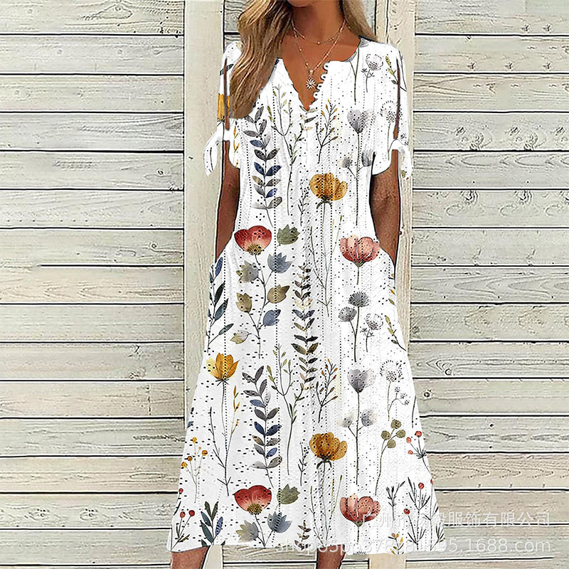 ☀️👗Top-Empfehlung – Lässiges Midi-Kleid mit Blumenmuster und V-Ausschnitt – Weicher Fall und romantisches Muster
