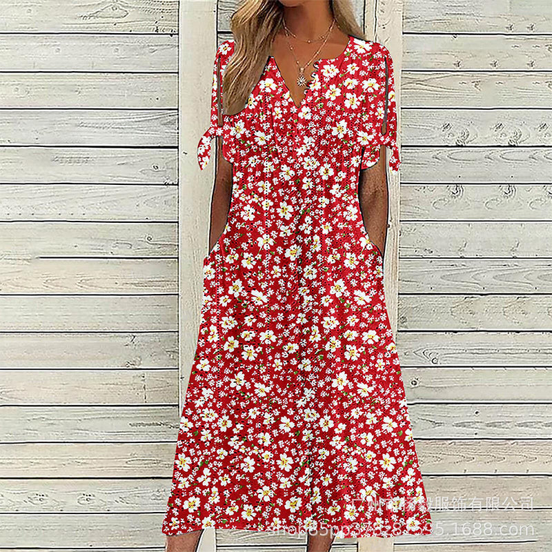 ☀️👗Top-Empfehlung – Lässiges Midi-Kleid mit Blumenmuster und V-Ausschnitt – Weicher Fall und romantisches Muster