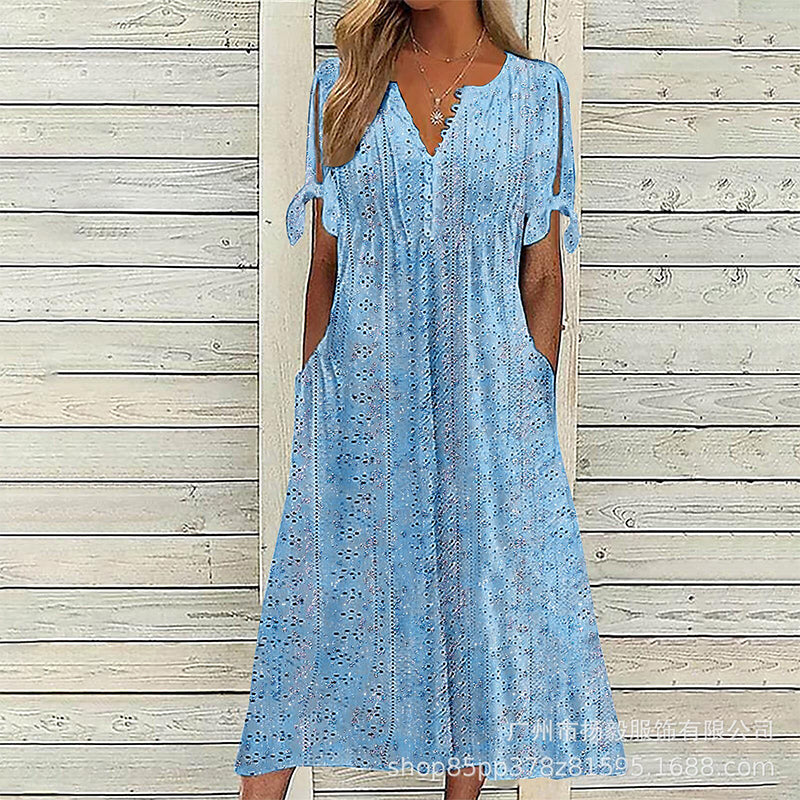 ☀️👗Top-Empfehlung – Lässiges Midi-Kleid mit Blumenmuster und V-Ausschnitt – Weicher Fall und romantisches Muster