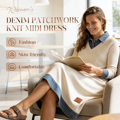 Damen-Midi-Kleid aus Denim-Patchwork-Strick