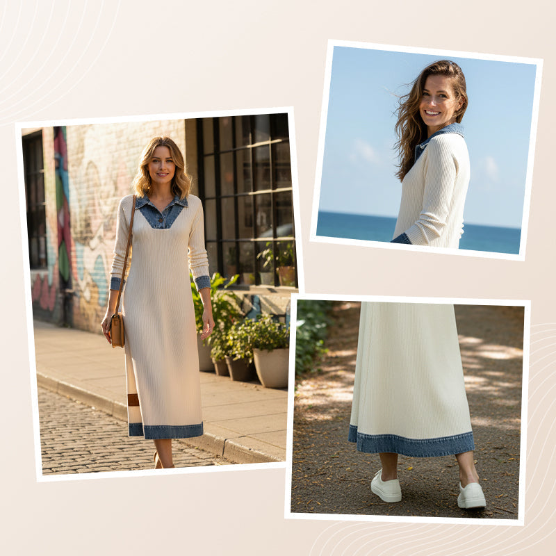 Damen-Midi-Kleid aus Denim-Patchwork-Strick