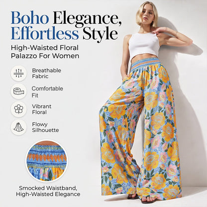 Damen Blumenprint-Hochtaillierte-Weitbein-Hose