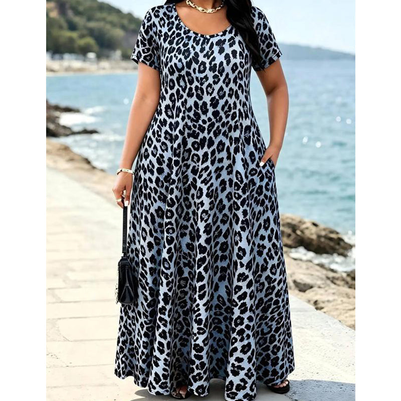 🐆 50 % RABATT! 👗 Maxikleid für Damen mit Leopardenmuster und Taschen, lässiges langes Kleid mit kurzen Ärmeln – Bequem