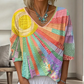 Damen Retro-Patchwork-V-Ausschnitt-Bluse