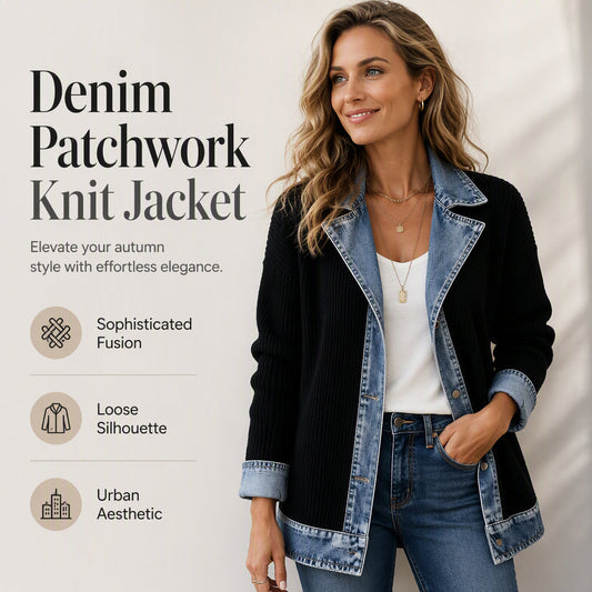 50% RABATT! ⭐ Eleganter Damenmantel aus Denim mit geripptem Strick-Einsatz