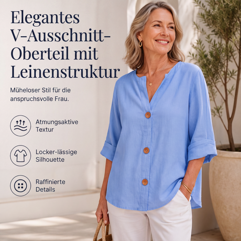 Weites V-Ausschnitt-Knopf-Oberteil für Damen