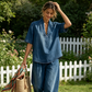 Damen Sommer-Denim-Set – V-Ausschnitt-Oberteil & Weitbein-Hose