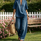 Damen Sommer-Denim-Set – V-Ausschnitt-Oberteil & Weitbein-Hose