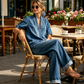Damen Sommer-Denim-Set – V-Ausschnitt-Oberteil & Weitbein-Hose