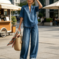 Damen Sommer-Denim-Set – V-Ausschnitt-Oberteil & Weitbein-Hose