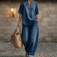 Damen Sommer-Denim-Set – V-Ausschnitt-Oberteil & Weitbein-Hose