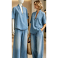 Damen Sommer-Denim-Set – V-Ausschnitt-Oberteil & Weitbein-Hose