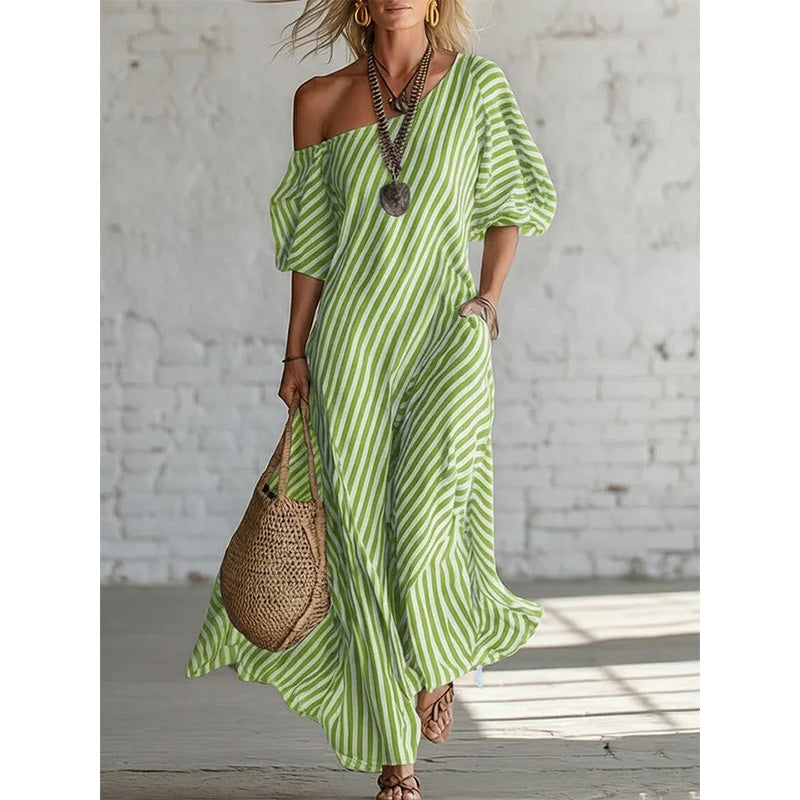 ☀️Damen Ein-Schulter-Streifen-Maxikleid – Fließender Puffärmel-Stil mit müheloser Sommer-Eleganz 🌿