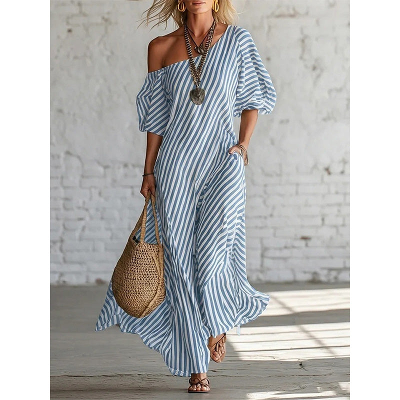 ☀️Damen Ein-Schulter-Streifen-Maxikleid – Fließender Puffärmel-Stil mit müheloser Sommer-Eleganz 🌿
