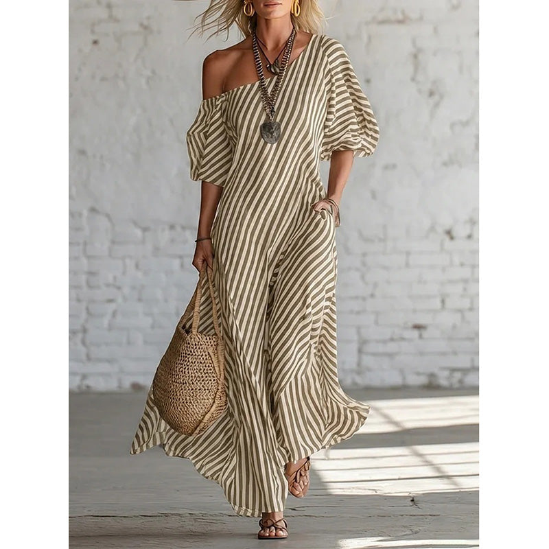 ☀️Damen Ein-Schulter-Streifen-Maxikleid – Fließender Puffärmel-Stil mit müheloser Sommer-Eleganz 🌿