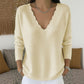 Aktueller Trend⭐👚 Strickpullover mit gewelltem V-Ausschnitt – feminine Details und weiche Textur für einen lässigen Look bei kühlem Wetter